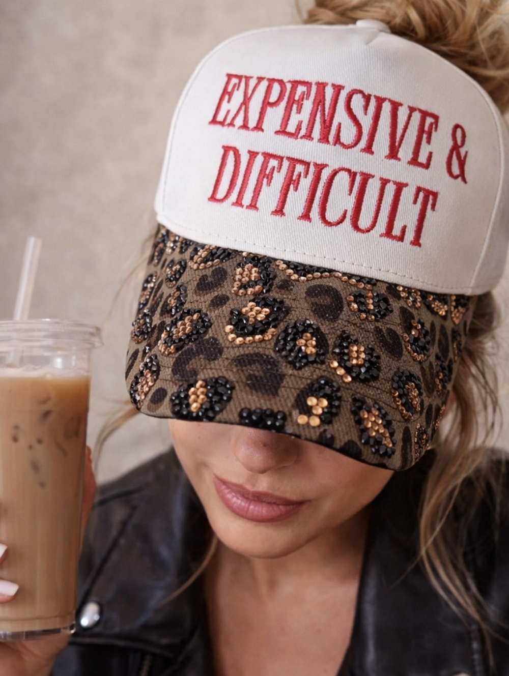 'Expensive & Difficult' White and Brown Sequin Leopard Customized Hat